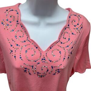 New Quacker Factory Top Womens Size Small Pinkish Peach Beaded Tshirt QVC